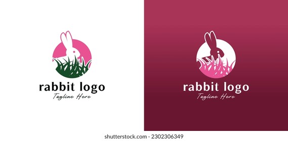 Cute bunny logo design behind grass modern style