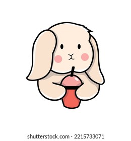Cute bunny logo design. little rabbit drink juice