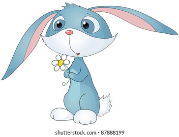 cute bunny with long ears and with chamomile in his hands, isolated on white background