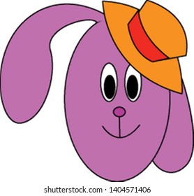 A cute bunny with long flappy ears wearing a yellow and orange hat, vector, color drawing or illustration. 