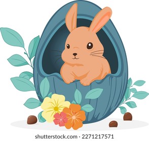 Cute bunny looks out from the egg. With plants and flowers all around.