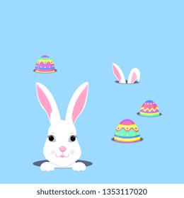 Cute bunny looks out of the hole. Easter egg hunt. White rabbit cartoon character.
