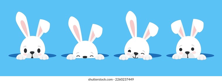 Cute bunny looks out of a hole, vector illustrations. Hare, rabbit, bunny for Easter design