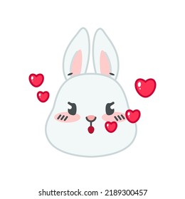 Cute bunny in love face. Flat cartoon illustration of a funny little gray rabbit blowing a kiss isolated on a white background. Vector 10 EPS.