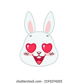 Cute bunny in love face. Flat cartoon illustration of a funny little gray rabbit with heart shaped eyes isolated on a white background. Vector 10 EPS.