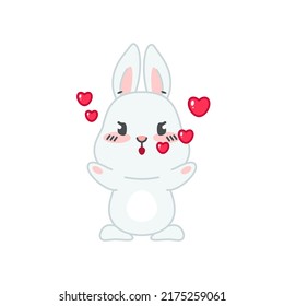 Cute bunny in love. Flat cartoon illustration of a funny little gray rabbit blowing a kiss isolated on a white background. Vector 10 EPS. svg