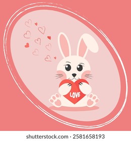 Cute bunny with love heart. Flat style vector illustration of cartoon textured baby rabbit character for Happy Valentine's Day, Easter or Birthday greeting card.