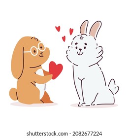 Cute bunny in love Valentine's day vector cartoon character isolated on a white background.