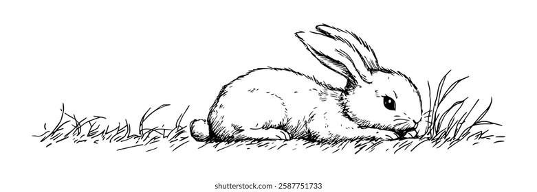 cute bunny lying in grass in hand-drawn line art style