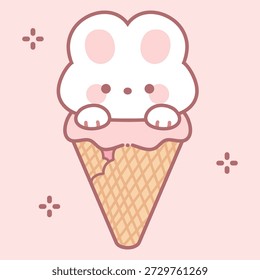 A cute bunny is lying on the ice cream cone and is looking at you