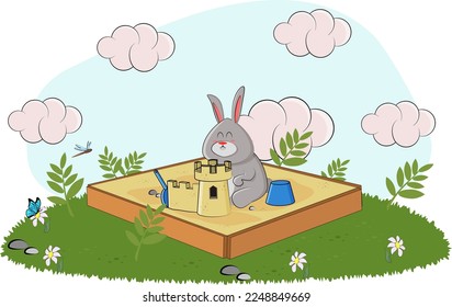 cute bunny made a palace in the sandbox and had mercy on it