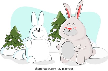cute bunny made a snowman in the form of a bunny and admires him