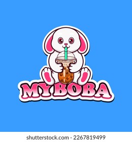 Cute bunny mascot drinking boba. Mascot logo for drink.
