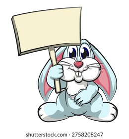 cute bunny mascot holding blank sign board isolated vector illustration, work of hand drawn