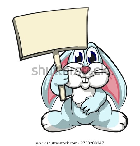 cute bunny mascot holding blank sign board isolated vector illustration, work of hand drawn