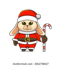 Cute and cute bunny mascot, holding candy cane, wearing santa claus costume, cartoon animal character with sparkling eyes, front view. kawaii styles, flats, for kids and adults, for stickers. 