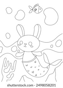 Cute bunny mermaid. Easy animals  under the sea coloring page for kids and children