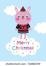 cute bunny merry christmas greeting card vector