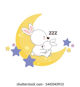 Cute bunny mom and baby sleep on the moon.