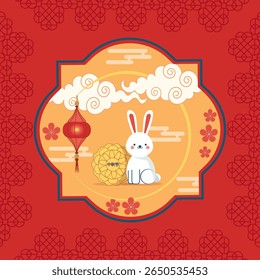 Cute bunny with mooncake and red lantern celebrating Mid Autumn Festival. Traditional Chinese holiday design with floral ornaments, clouds and paper cut frame. Festive vector illustration.
