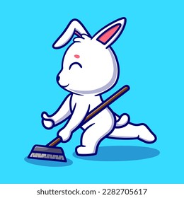 Cute bunny mop the floor cartoon icon illustration