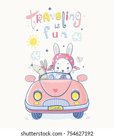 Cute bunny and mouse traveling.cartoon hand drawn vector illustration. Can be used for baby t-shirt print, fashion print design, kids wear, baby shower celebration greeting and invitation card.