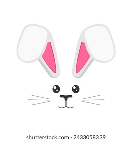 Cute bunny muzzle with bended ears, eyes, nose, mouth and whisker. Decoration element for Easter party, photo shoot, greeting or invitation card, celebration banner. Vector flat illustration.