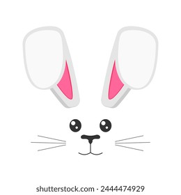 Cute bunny muzzle with bented ears, eyes, nose, mouth and whisker. Props for photo shoot or Easter party. Design element for greeting or invitation card, celebration banner. Vector flat illustration.