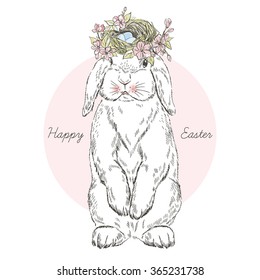 cute bunny with nest on the head, animal illustration, Happy Easter design