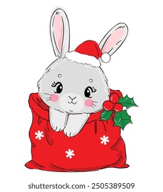 Cute Bunny New Years christmas background. Kids print vector illustration