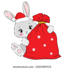 Cute Bunny New Years christmas background. Kids print vector illustration