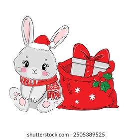 Cute Bunny New Years christmas background. Kids print vector illustration