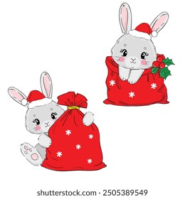 Cute Bunny New Years christmas background. Kids print vector illustration