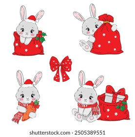 Cute Bunny New Years christmas background. Kids print vector illustration