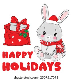 Cute Bunny New Years christmas background. Kids print vector illustration