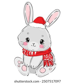 Cute Bunny New Years christmas background. Kids print vector illustration