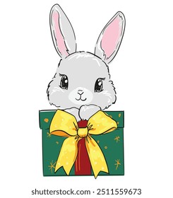 Cute Bunny New Years christmas background. Kids print vector illustration