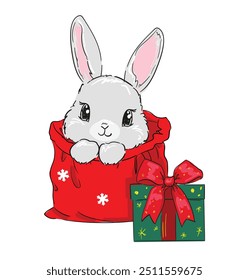 Cute Bunny New Years christmas background. Kids print vector illustration