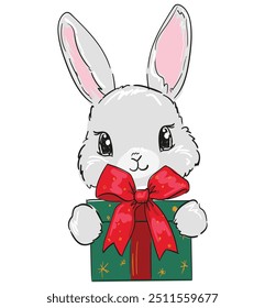 Cute Bunny New Years christmas background. Kids print vector illustration