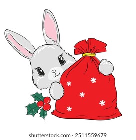 Cute Bunny New Years christmas background. Kids print vector illustration