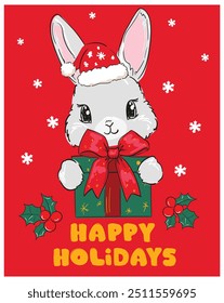 Cute Bunny New Years christmas background. Kids print vector illustration