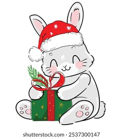 Cute Bunny New Years christmas background. Kids print vector illustration