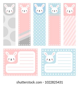 Cute Bunny Note Sticker, Note Paper and Stickers Set with Vector Funny Animals Illustration Vector, Template for Greeting Scrapbook, Sticker Set for Organizer