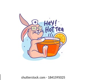 The cute bunny is a nurse with a hot tea. Funny cartoonish rabbit is sitting with a lettering phrase. Good for t-shirts, cloth designs, stickers, etc. This graphic is a vector illustration