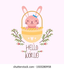 cute bunny on basket vector flat illustration