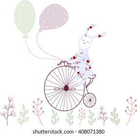 cute bunny on bicycle with balloon