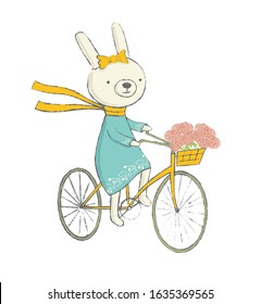 Cute Bunny on a bicycle.  Vector illustration.