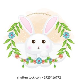Cute bunny on the cloud with floral cartoon illustration. animals with floral collection Premium Vector