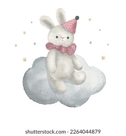 Cute bunny on the cloud with little stars, watercolor vector illustration