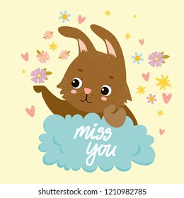 Cute bunny on a cloud, miss you, baby card